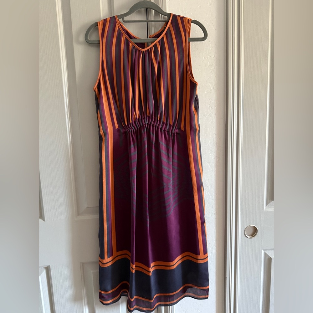 Max Studio Silky Poly blend empire waist Dress EUC striped purple orange.
